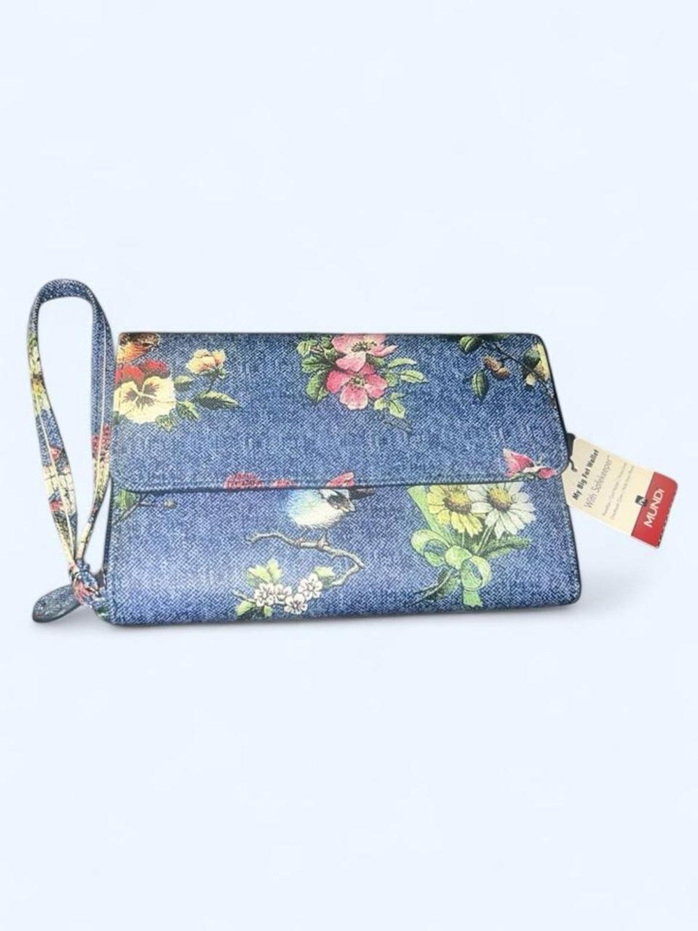 mundi Denim-Print Floral Wristlet Card Holder in Blue with Multicolor Flowers